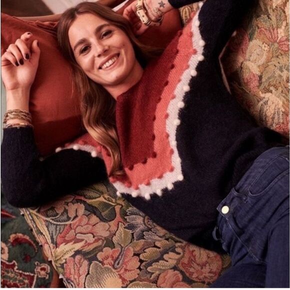 Sezane Sweaters - Sézane Paris Multi-Color Chevron Pom-Pom Mohair Wool Sweater Women’s Size Small